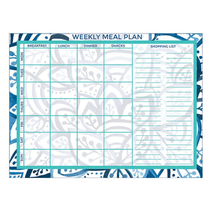 Downloadable meal planner featuring a blue and white leaf pattern