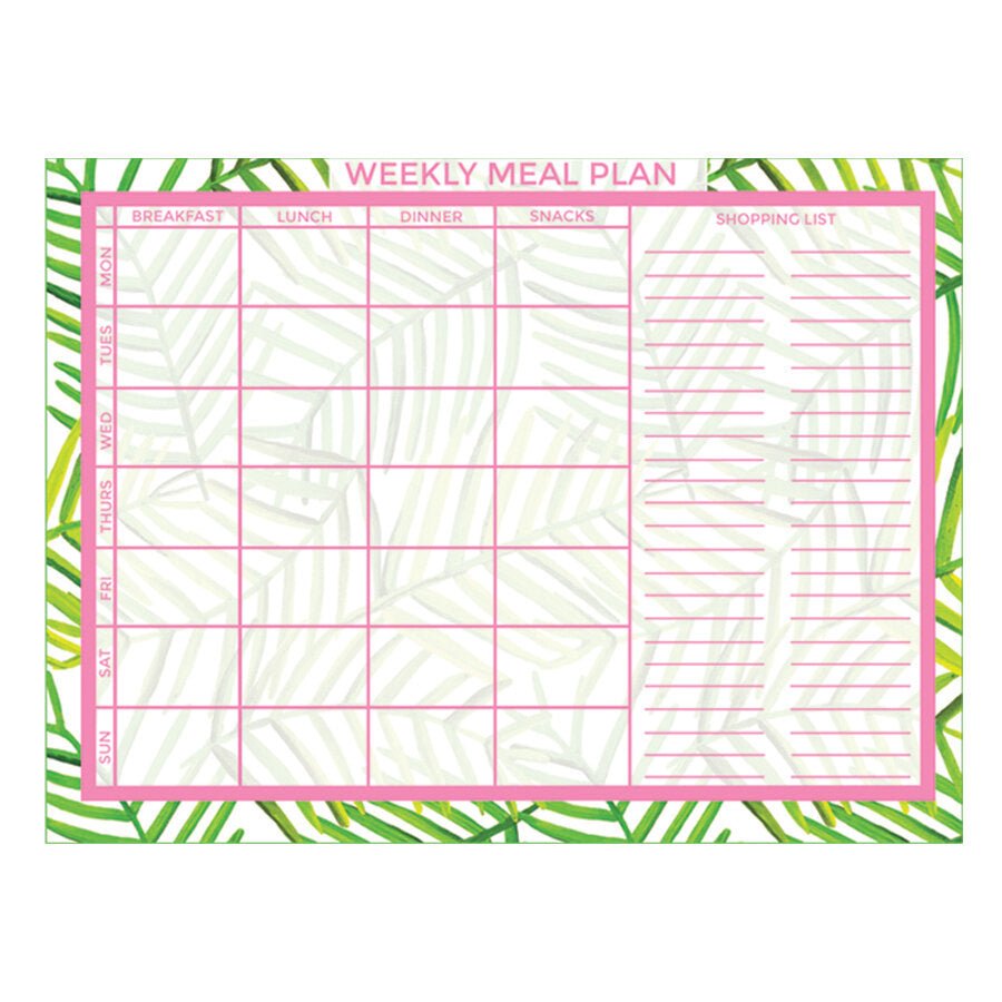 Downloadable meal planner featuring a green leaf pattern with a pink border