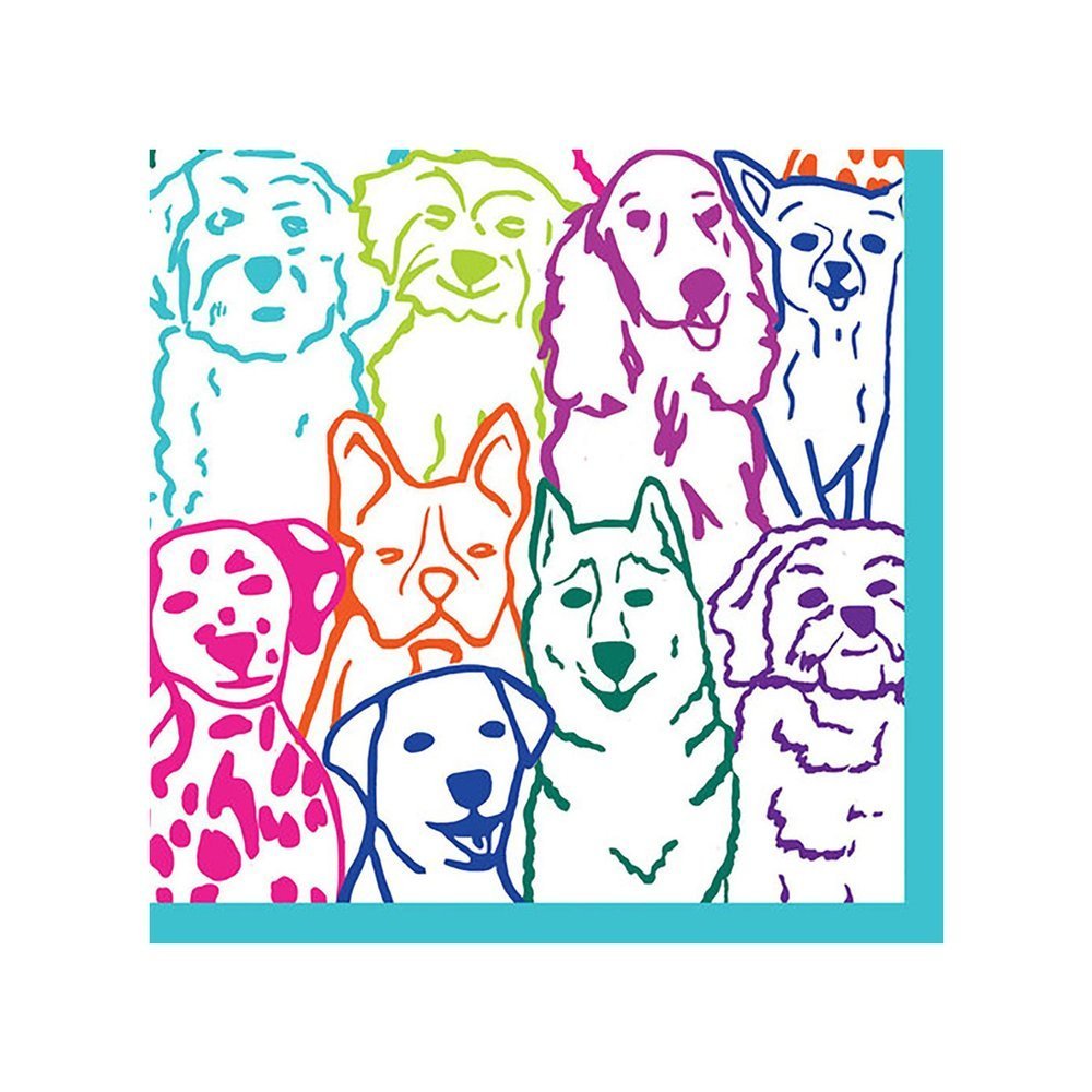 Brightly colored square paper cocktail napkin featuring mulitcolored dogs on a white background