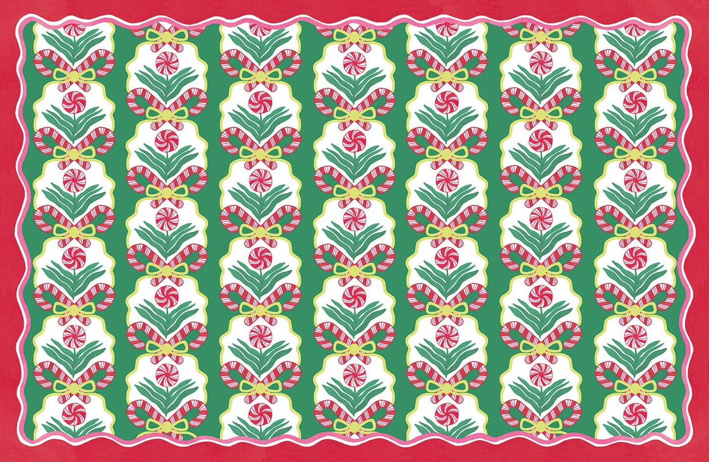 Paper placemat featuring red and green peppermint candy pattern on a green background with a red border