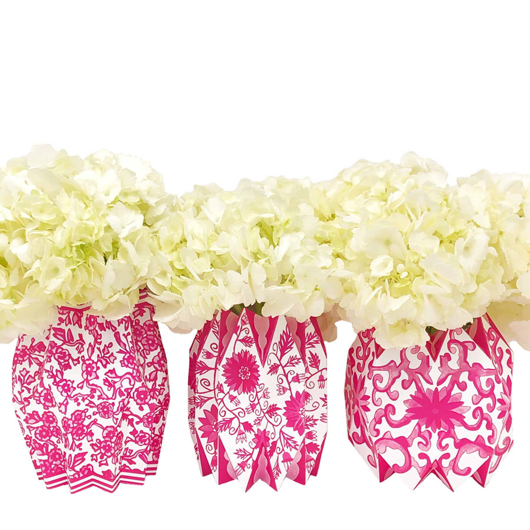 Pink and white chinoiserie paper vases with white flowers