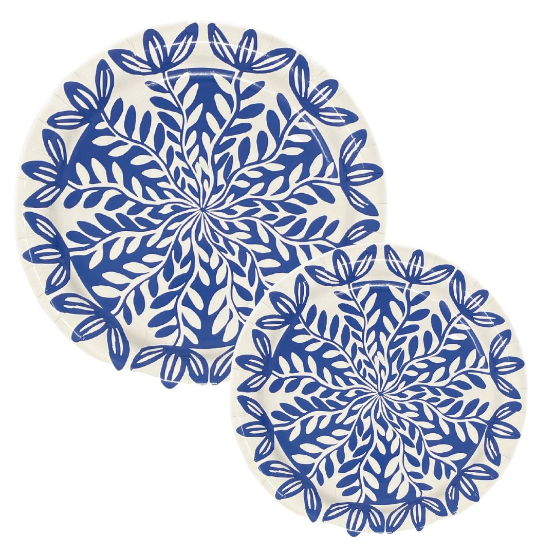 Two paper plates with a blue pattern