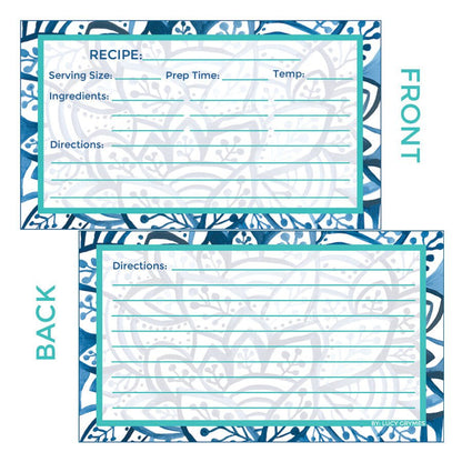 Double-sided downloadable recipe card featuring a blue and white leaf pattern