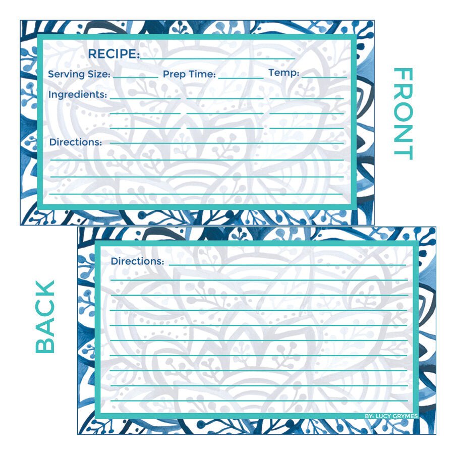 Double-sided downloadable recipe card featuring a blue and white leaf pattern