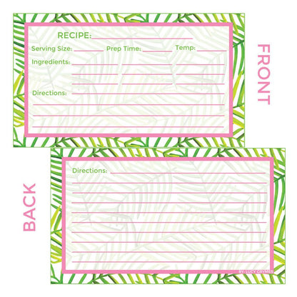 Double-sided downloadable recipe card featuring a green leaf pattern and pink border
