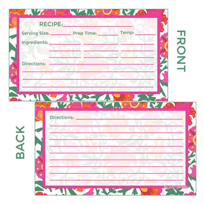Double-sided downloadable recipe card featuring a pink, green and orange floral pattern