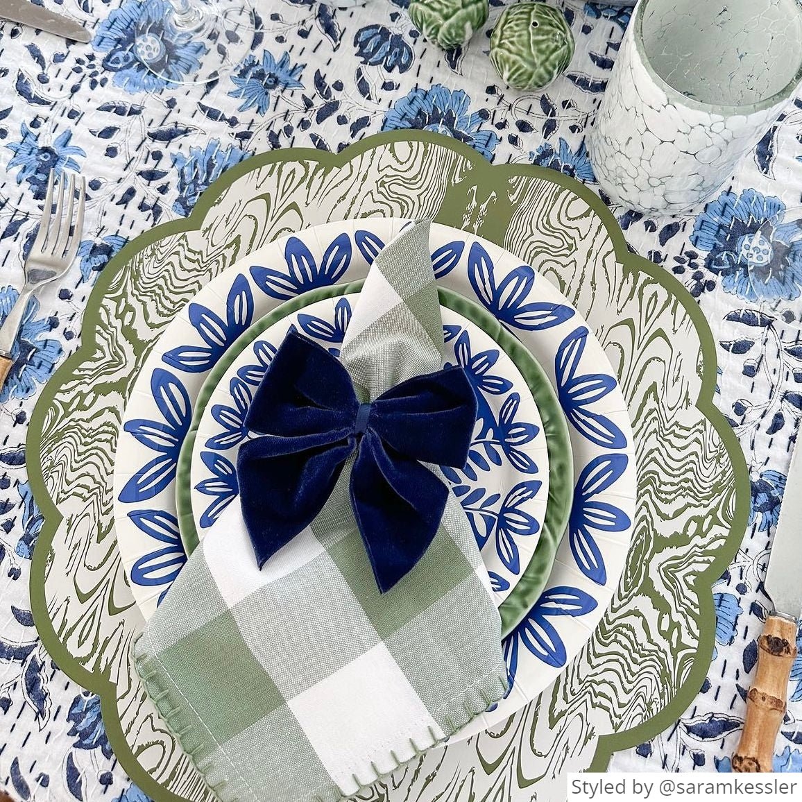 Two sizes of blue heavy duty paper plates in a beautiful fall tablescape