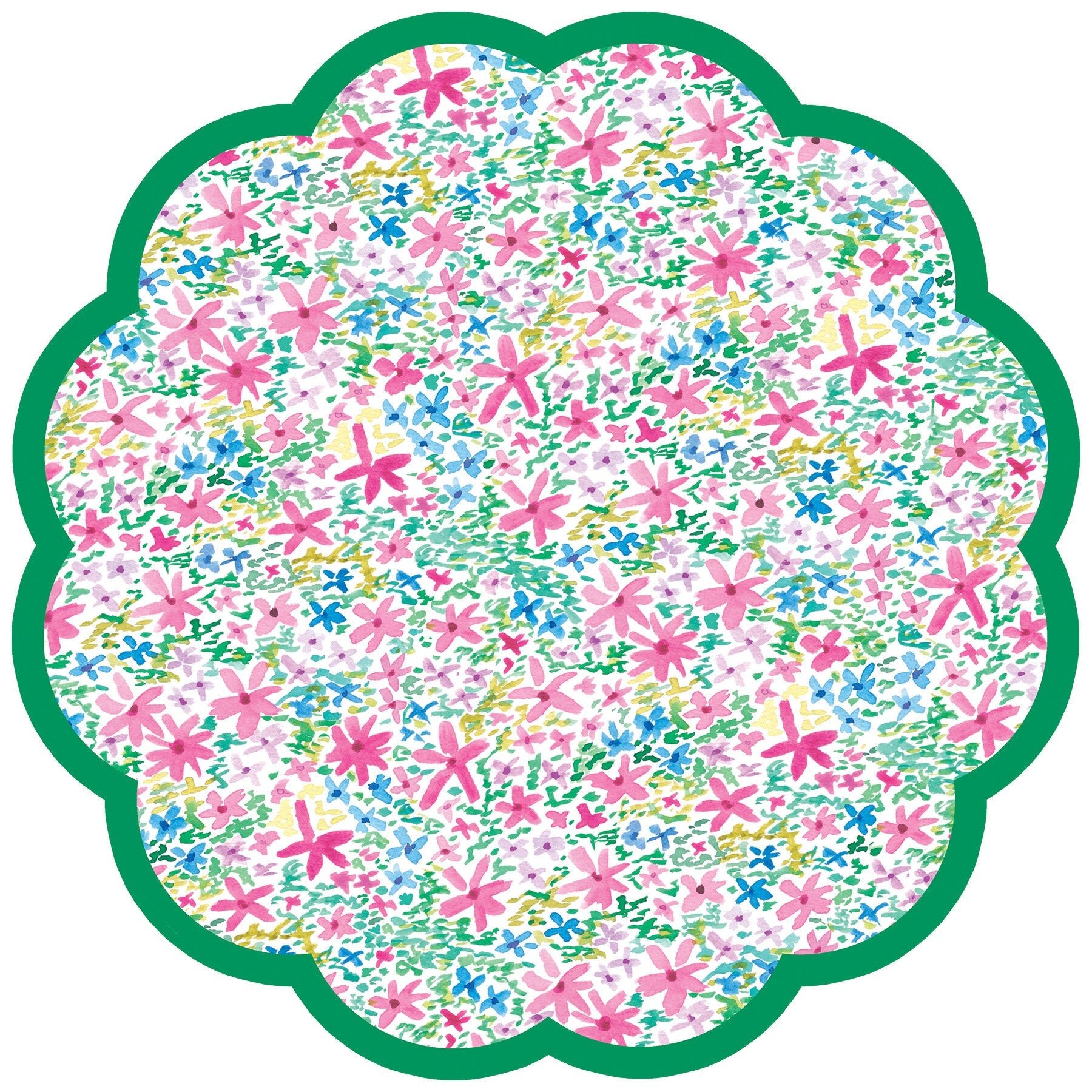 Round scalloped placemat with colorful floral pattern