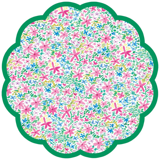 Round scalloped placemat with colorful floral pattern