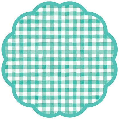 Round scalloped paper placemat with teal gingham pattern