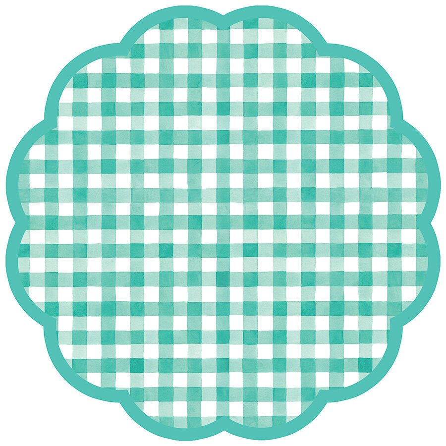 Round scalloped paper placemat with teal gingham pattern