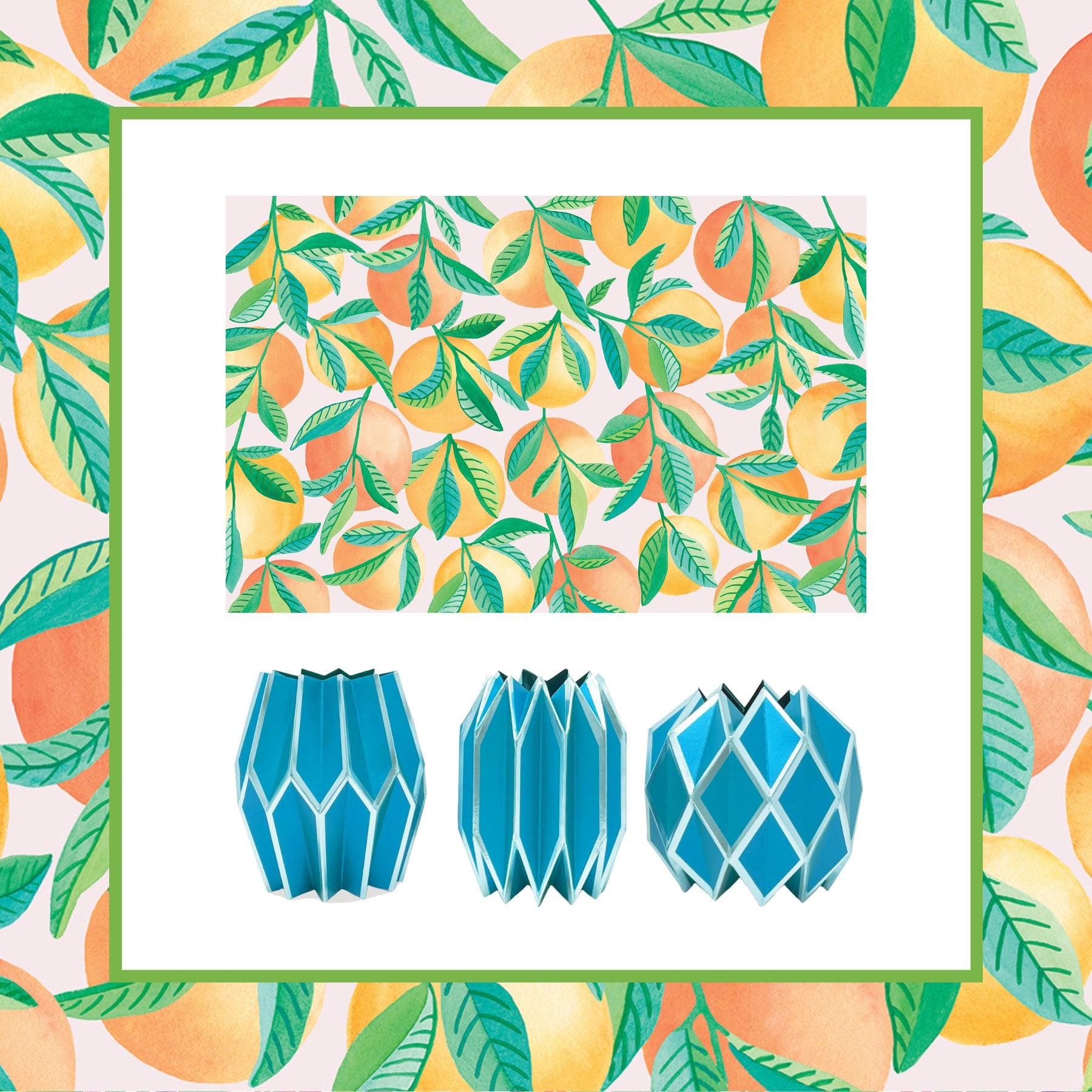 Bundle of orange patterned paper placemats and bright blue paper sleeve vases
