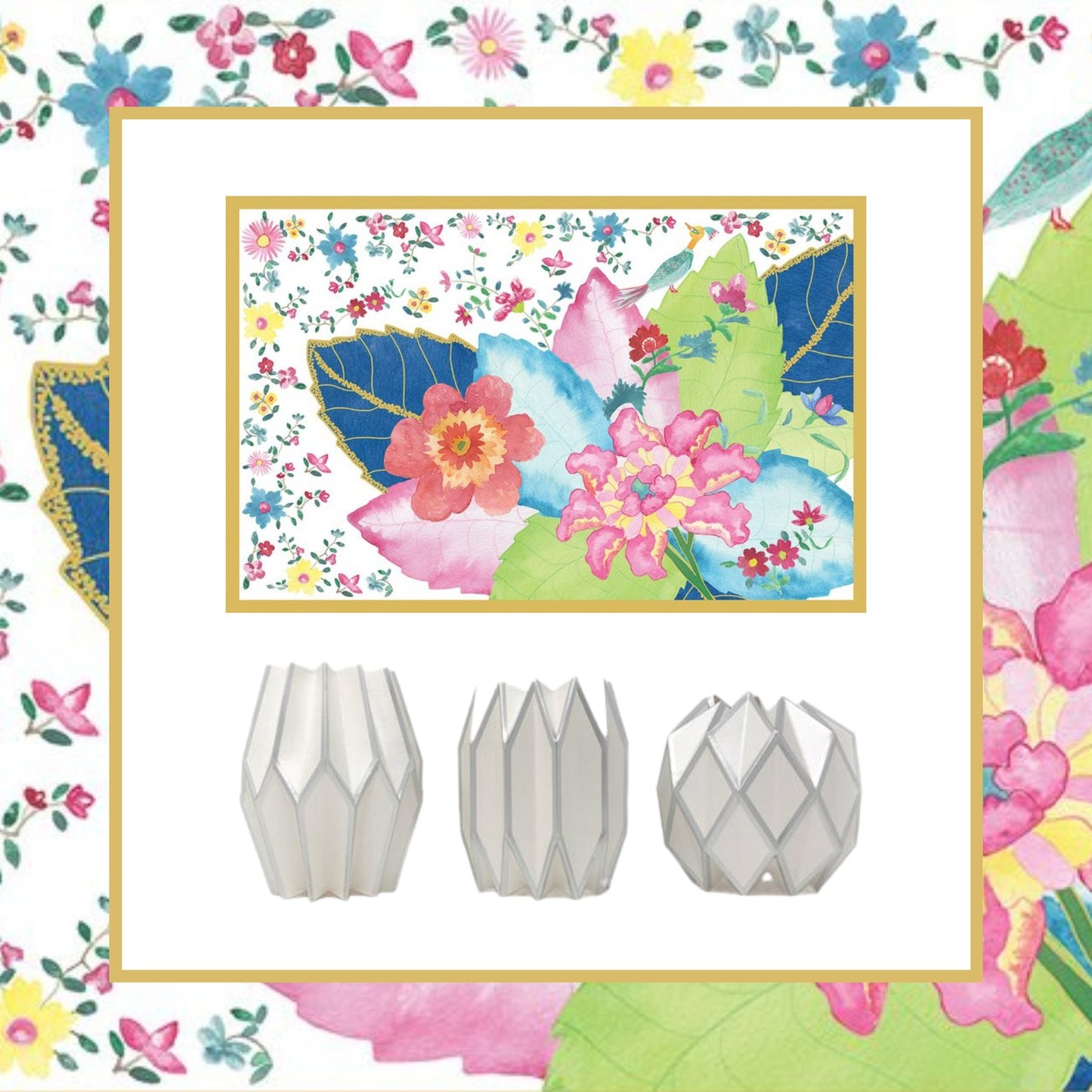 Bundle of tobacco leaf paper placemats and silver and white paper sleeve vases