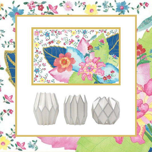 Bundle of tobacco leaf paper placemats and silver and white paper sleeve vases