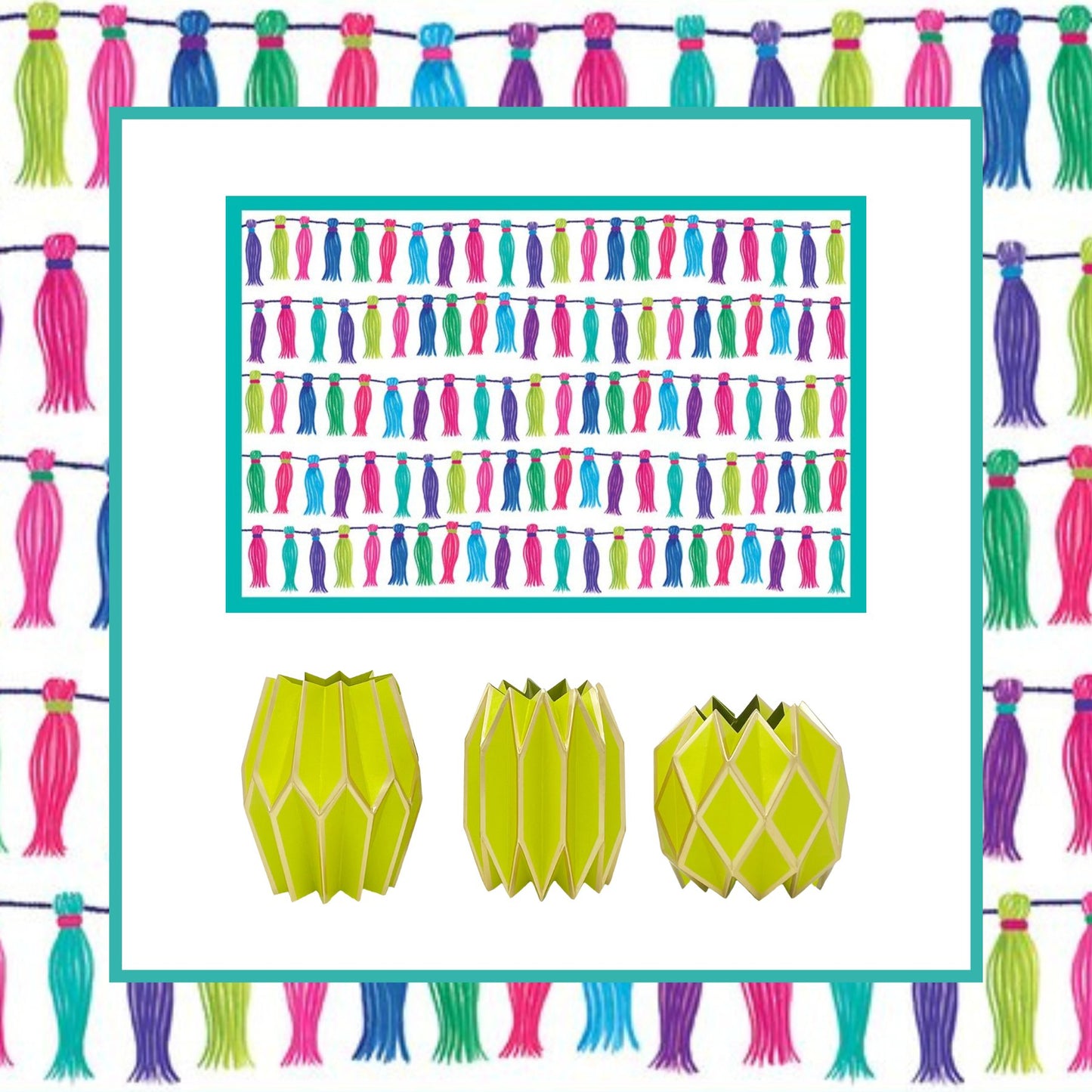 Bundle of tassel paper placemats and chartreuse paper sleeve vases