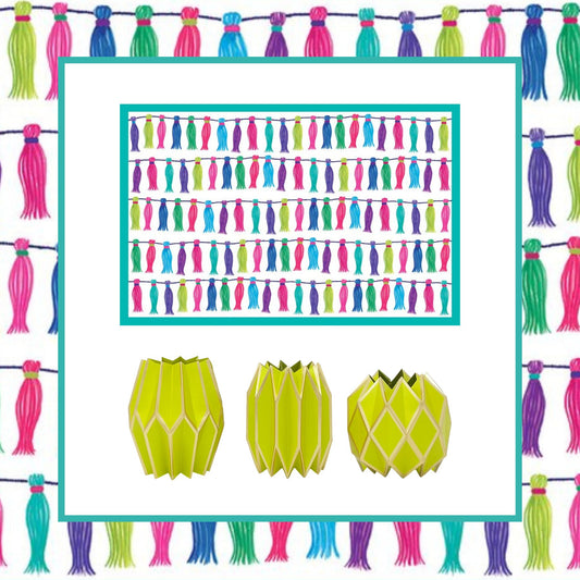 Bundle of tassel paper placemats and chartreuse paper sleeve vases