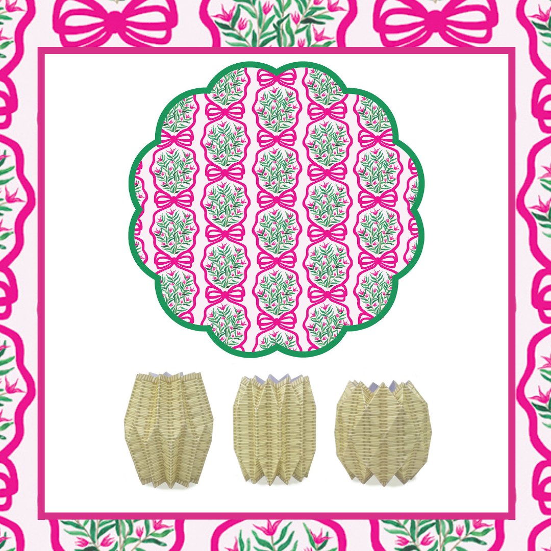 Bundle of round pink paper placemats and wicker patterned paper sleeve vases