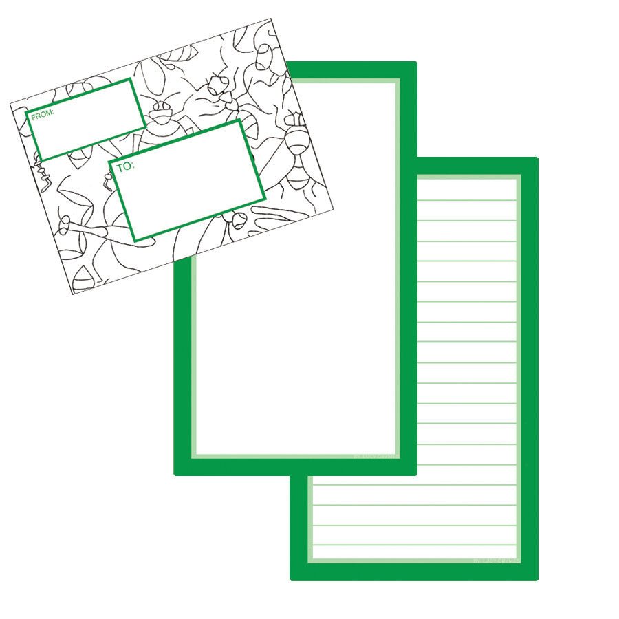 Printable stationery and matching envelope featuring a green and white bug pattern that can be colored in
