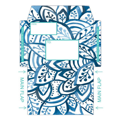 Printable envelope featuring a blue and white leaf pattern