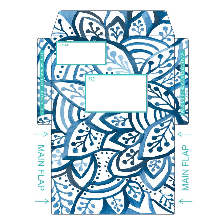 Printable envelope featuring a blue and white leaf pattern