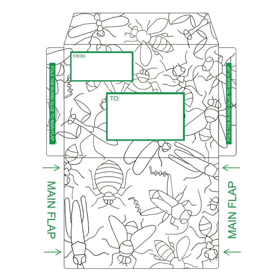Printable envelope featuring a green and white bug pattern that you can color in 