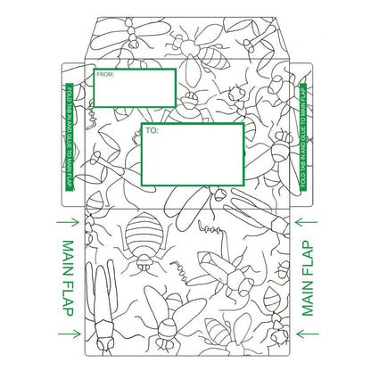 Printable envelope featuring a green and white bug pattern that you can color in 