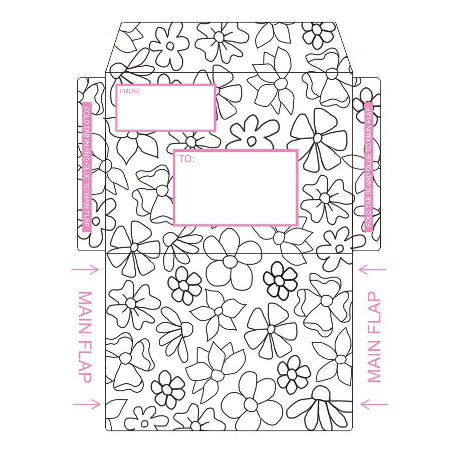 Printable envelope featuring a pink and black flower pattern that can be colored in