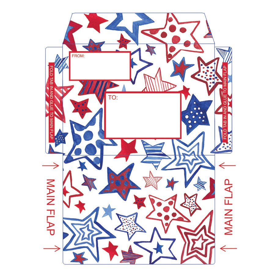 Printable envelope featuring a red, white and blue star pattern