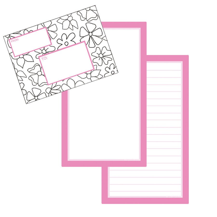 Printable stationery and matching envelope featuring a pink and black flower pattern that can be colored in