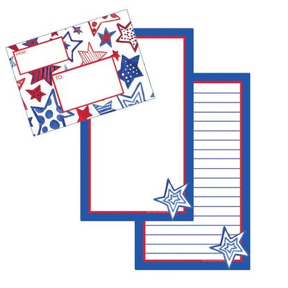 Printable stationery and matching envelope featuring a red, white and blue star pattern