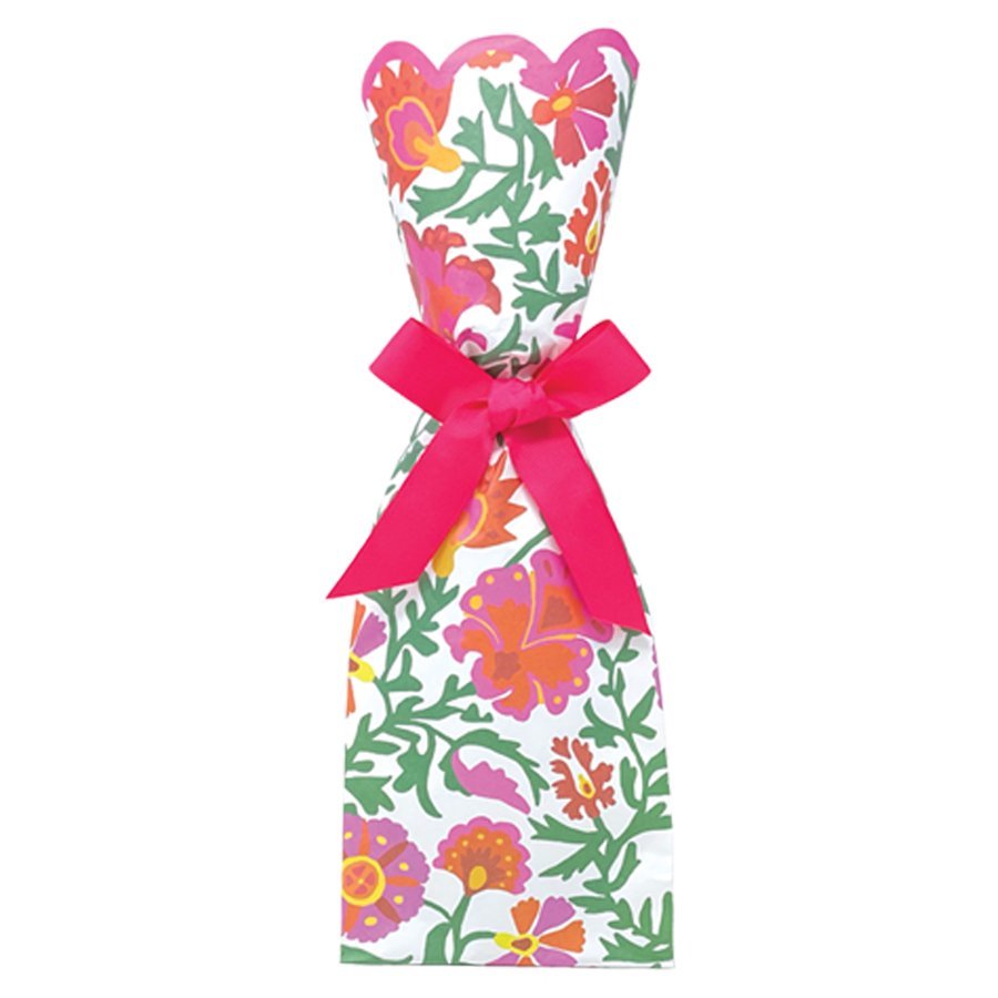 Paper wine bag featuring a pink, green and orange floral design with a pink bow