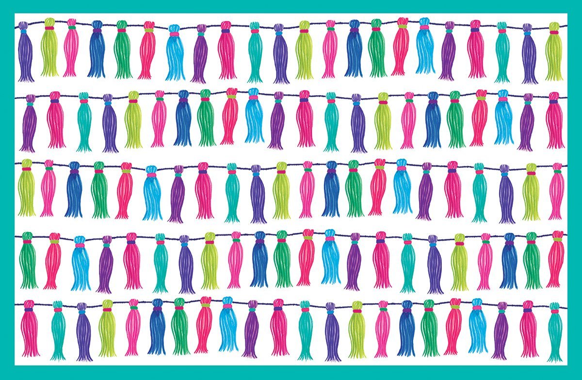 Multicolored tassel pattern on a paper placemat