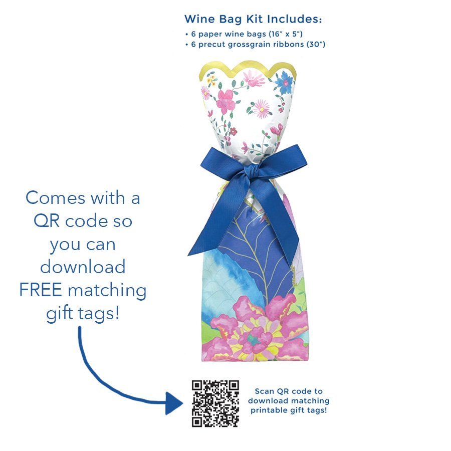 Graphic showing how to scan the QR code on the back of the bag for matching gift tags