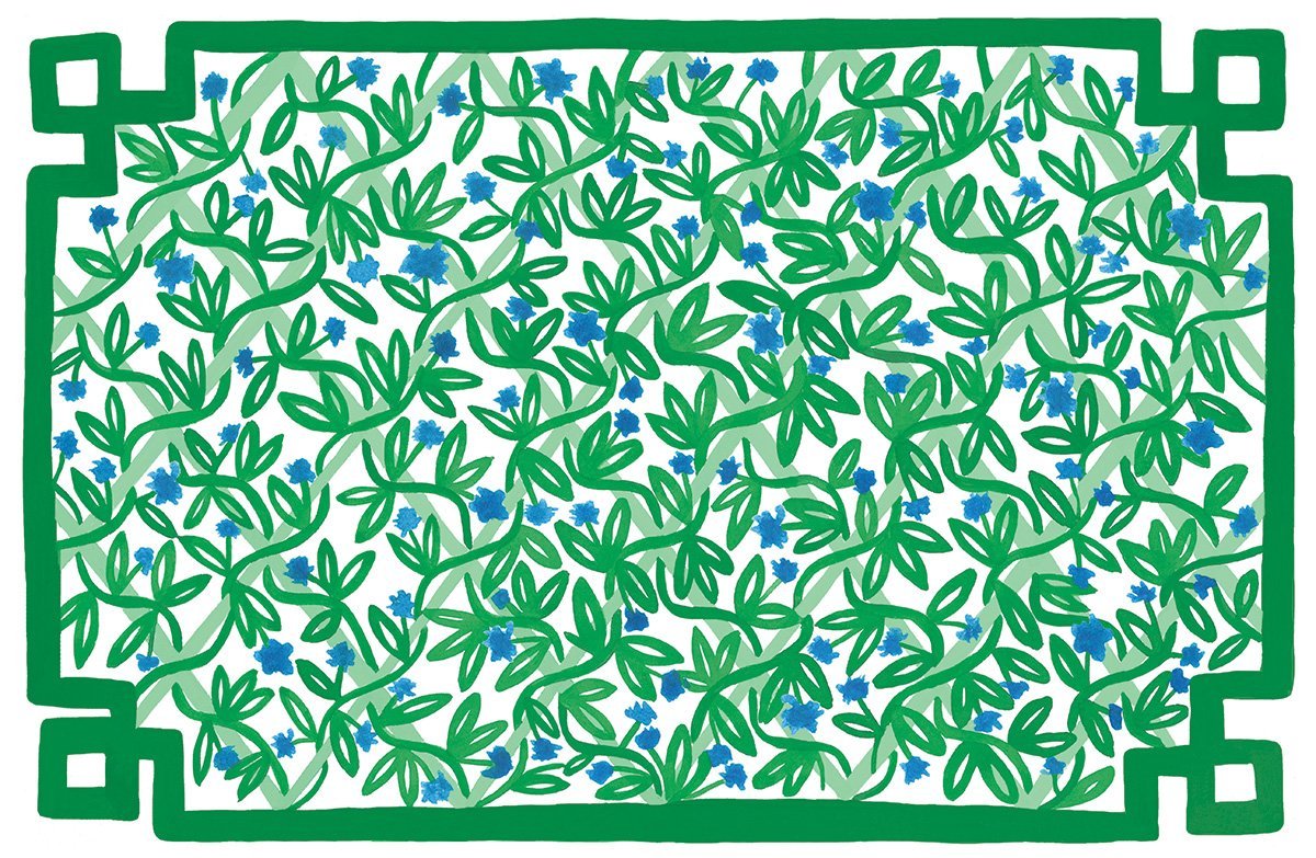 Green and white fern patterned paper placemat with blue flowers