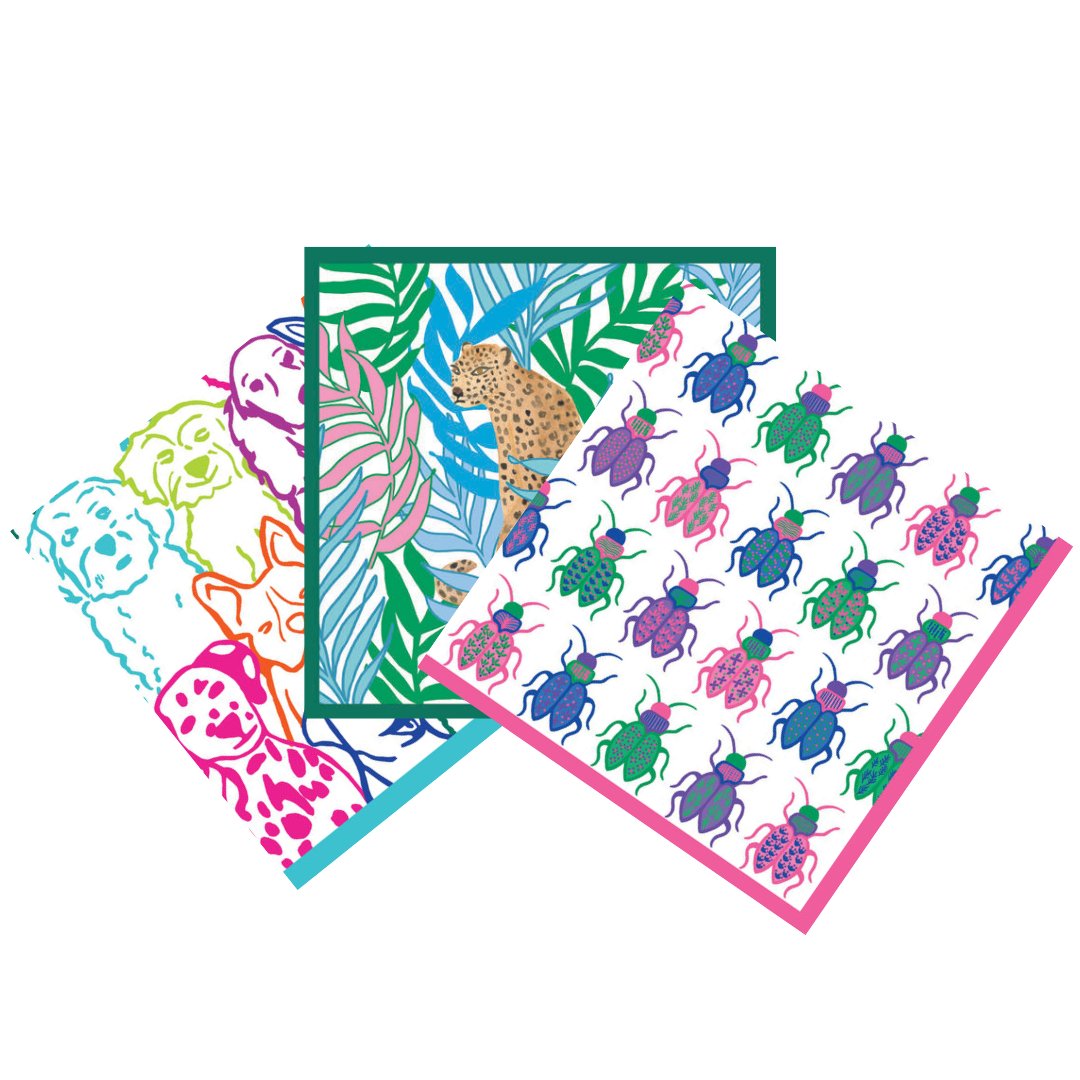 Bundle of brightly colored square paper cocktail napkins featuring bugs, a leopard and dogs 