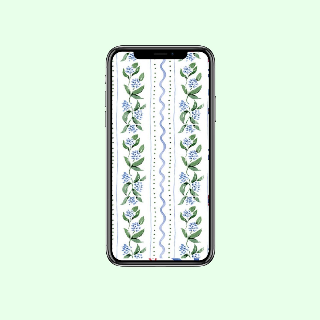 Downloadable phone wallpaper with a blue, white and green floral pattern