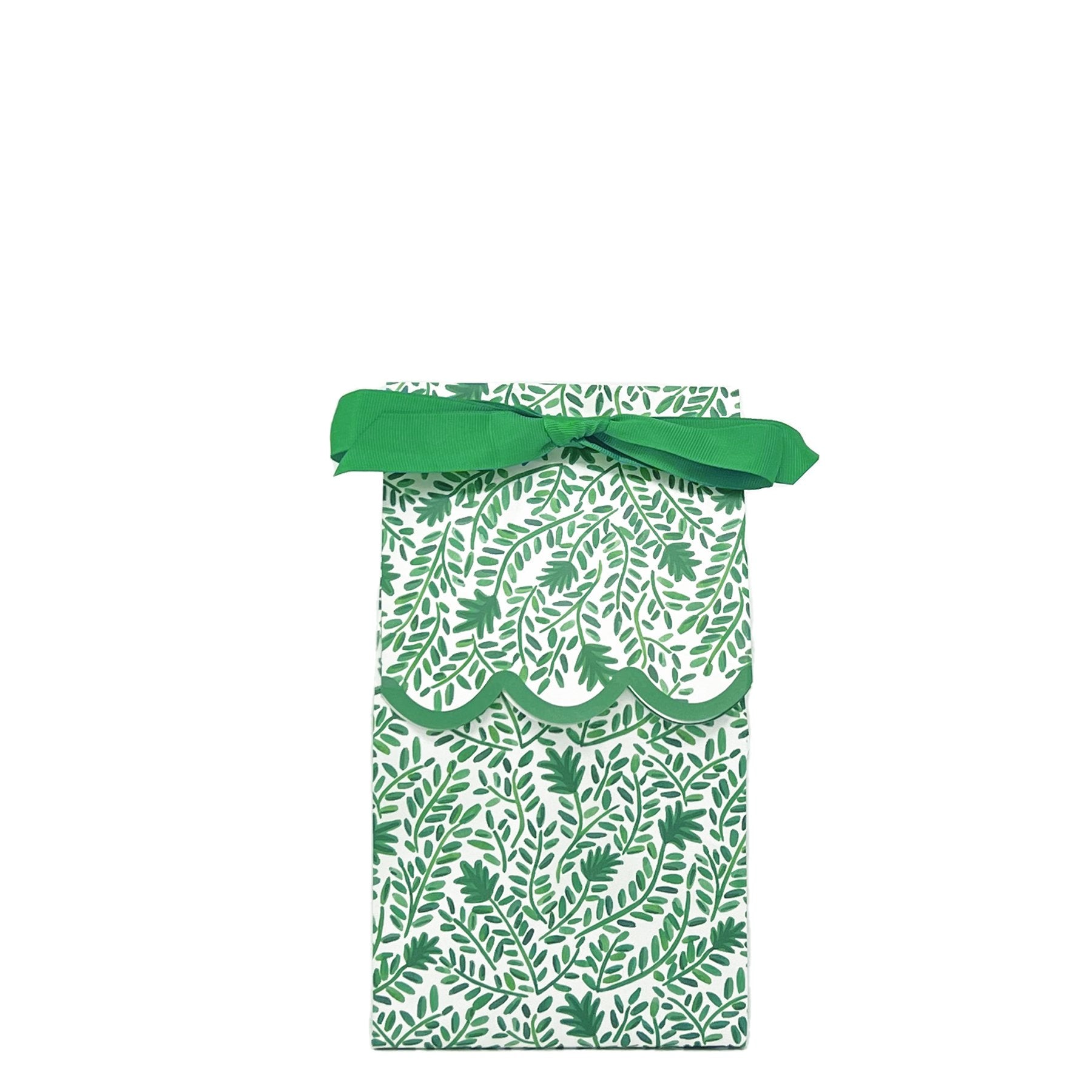 Paper wine bag featuring a green and white vine pattern tied as a gift bag with a green bow