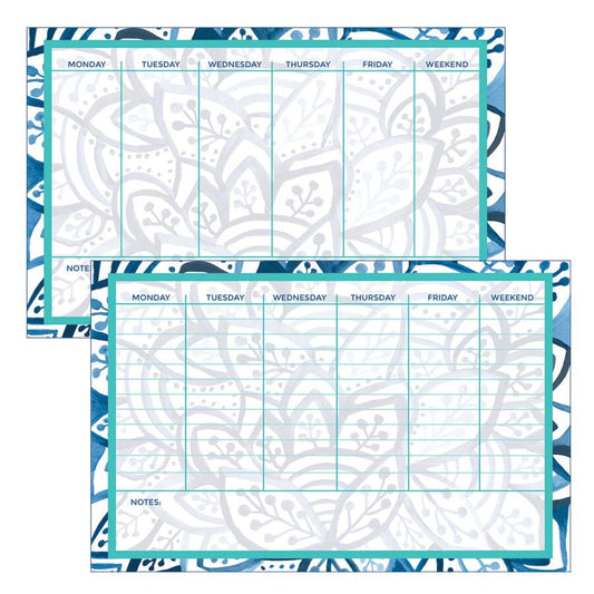 Downloadable weekly planner featuring a blue and white leaf pattern