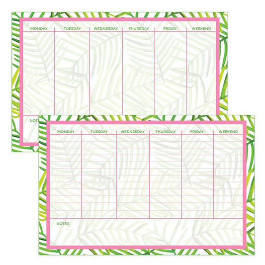 Downloadable weekly planner featuring a green leaf pattern and pink border