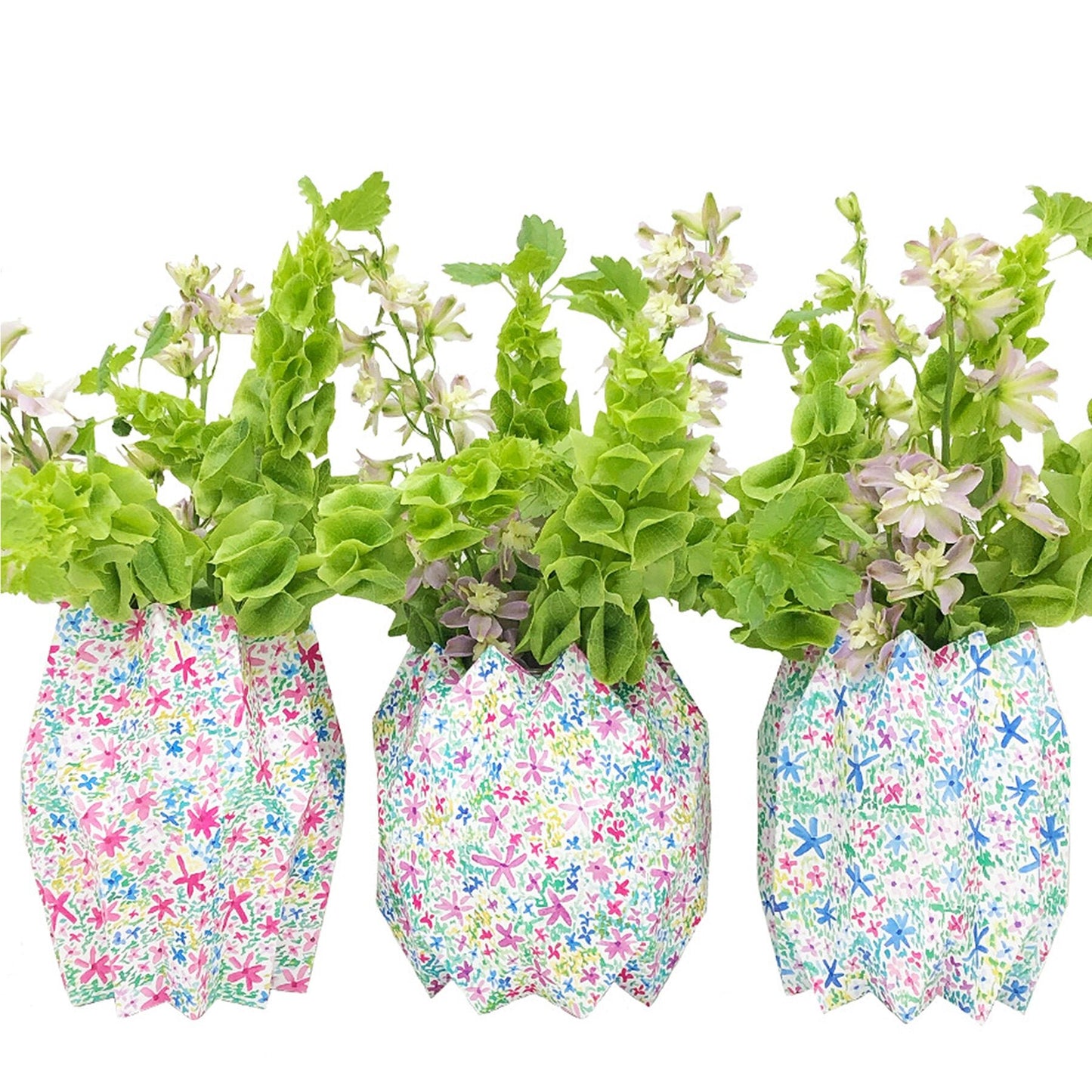 Multicolored floral patterned paper vases with green flowers