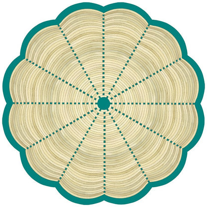 Round scalloped paper placemat featuring a wicker pattern and green border