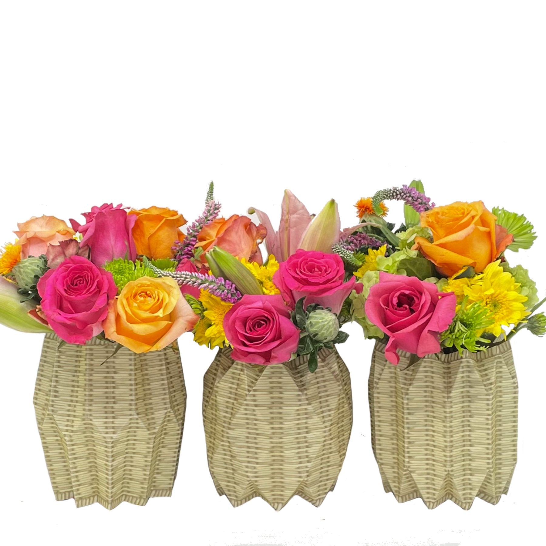 Wicker patterned paper vases with fall flowers