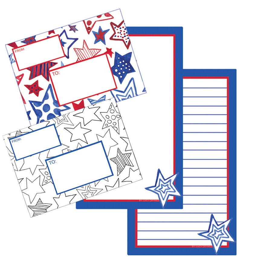 Printable stationery and matching envelope featuring a red, white and blue star pattern and star outlines that can be colored in