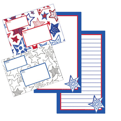 Printable stationery and matching envelope featuring a red, white and blue star pattern and star outlines that can be colored in