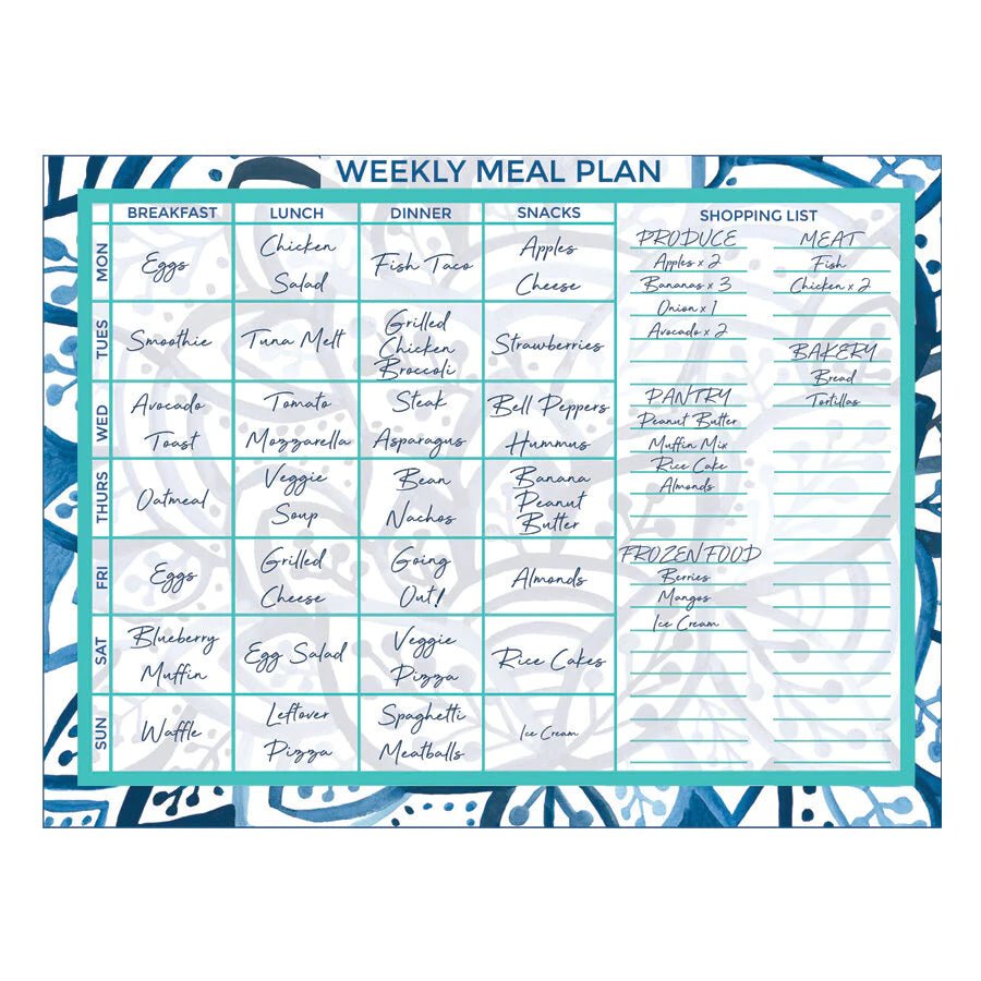 Downloadable meal planner featuring a blue and white leaf pattern
