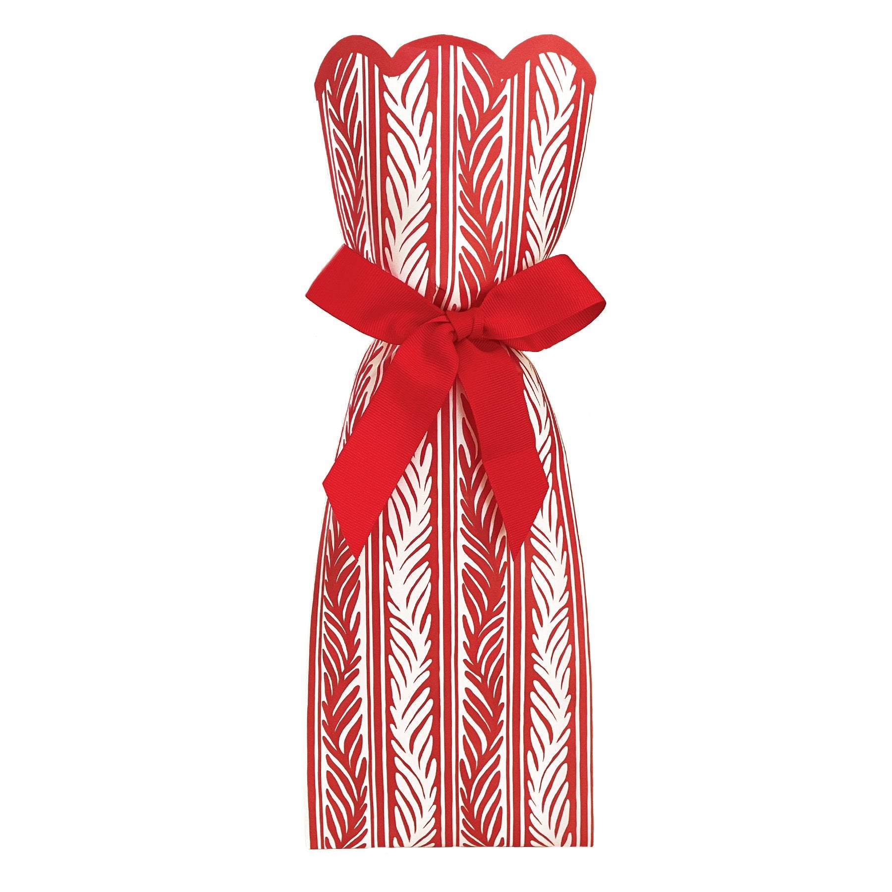 Paper wine bag featuring a red and white vine pattern and red bow