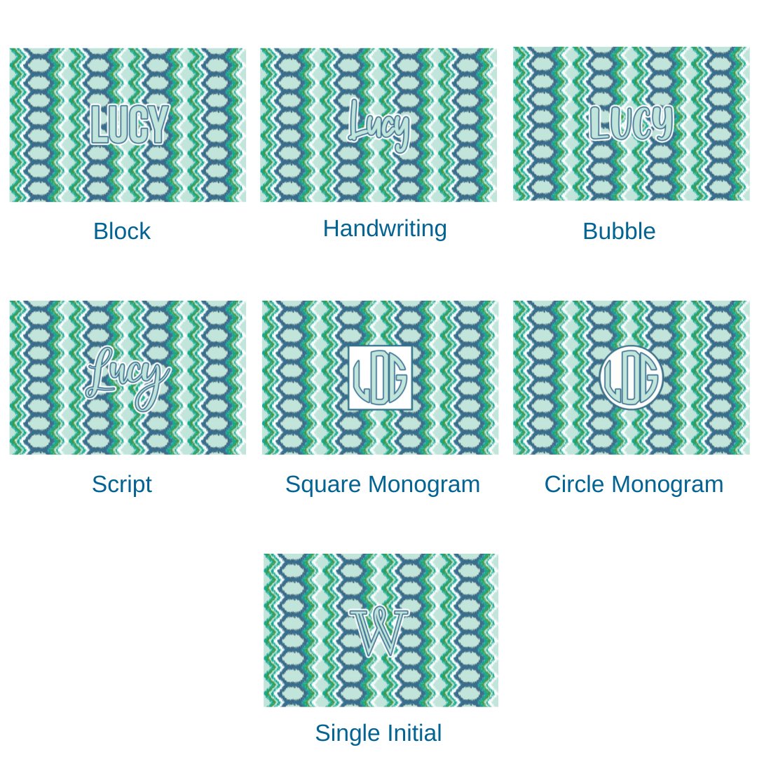 Paper placemat pads featuring a blue and green pattern and various personalization options