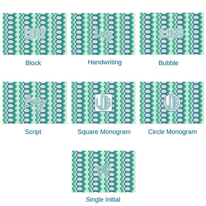 Paper placemat pads featuring a blue and green pattern and various personalization options